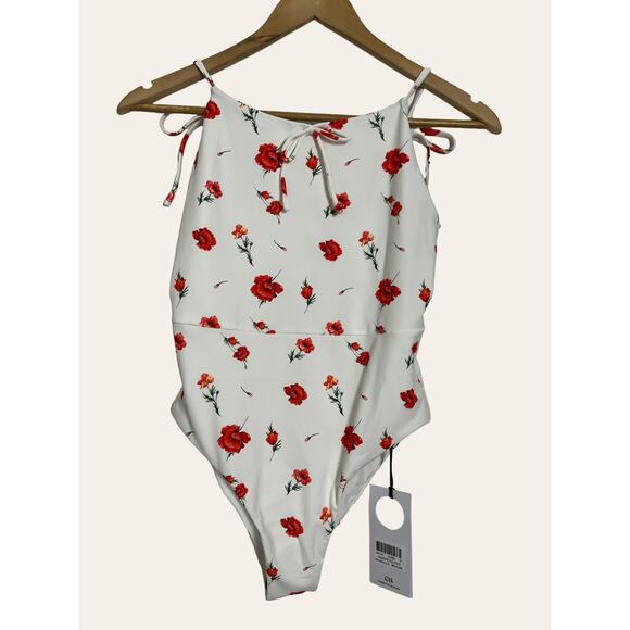 Charlie Holiday White Red Floral Print One Piece Tie Strap Swimsuit Size 8 - Picture 2 of 5